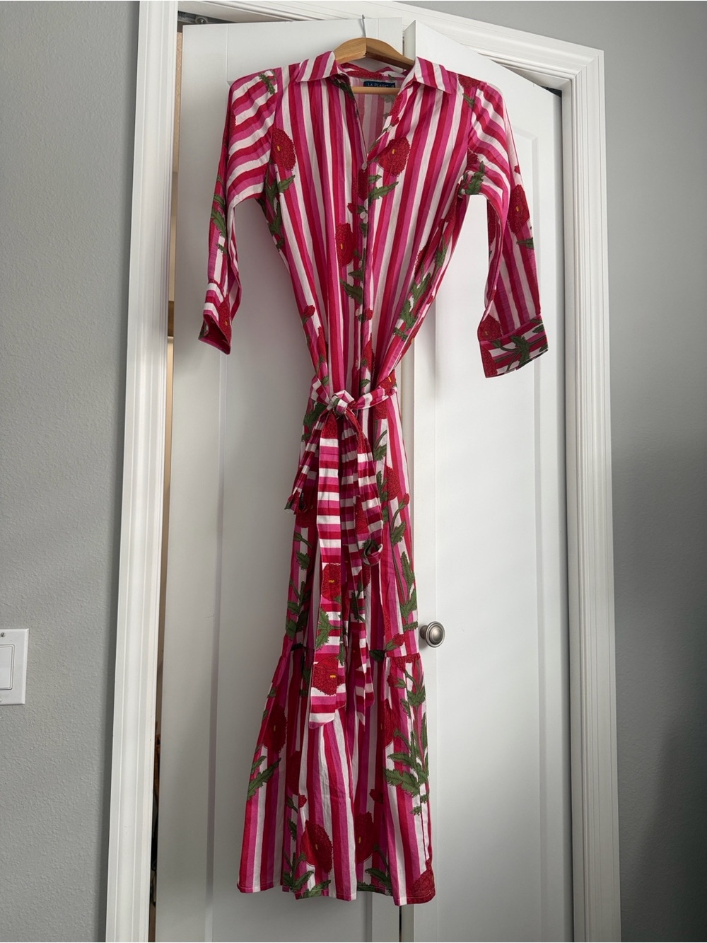 Striped Pink Floral Tie-Waist Maxi Shirt Dress